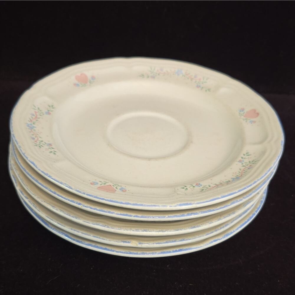 Tienshan Stoneware Saucer White Pink Hearts Floral Round Dishwasher Safe